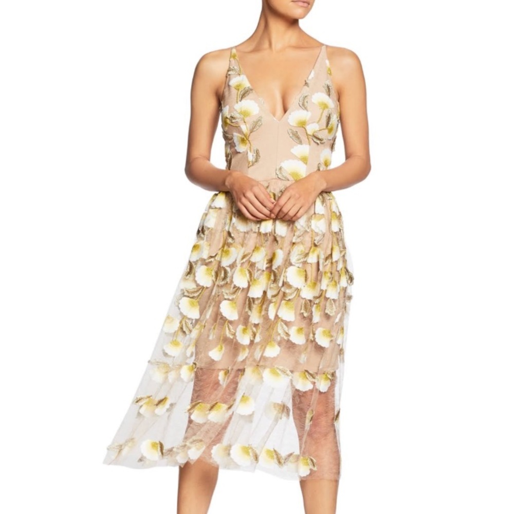 Dress the Population Yellow and Cream Floral Midi Dress